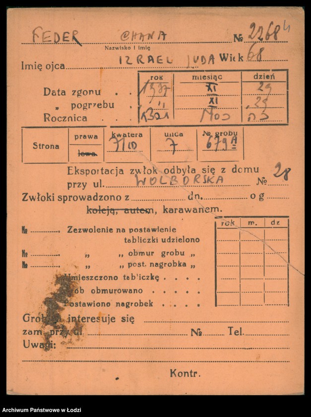 Obraz 5 z jednostki "Kartoteka osób pochowanych na cmentarzu żydowskim przy ulicy Brackiej w latach 1892-1961. Nazwiska na litery: Fe-Fisch"