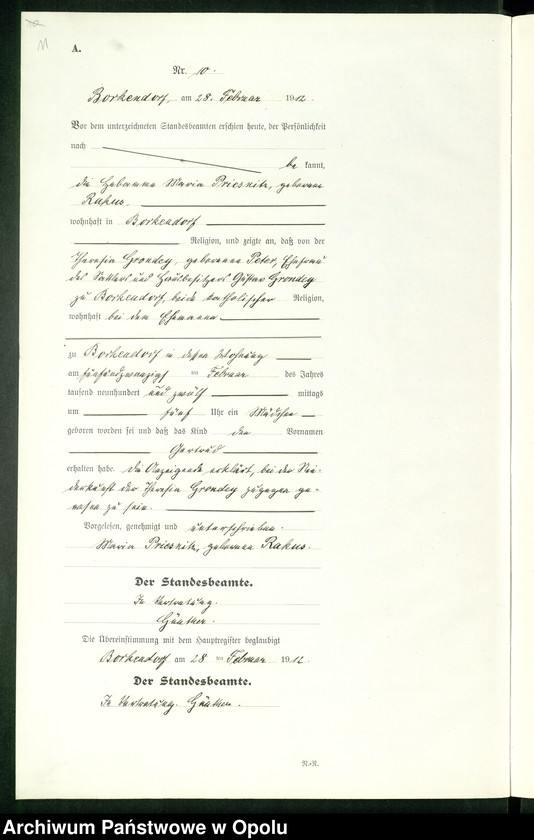 Obraz 15 z jednostki "Geburts-Register (Neben-Register) Standesamt Borkendorf 1912 No. 1 bis 73."