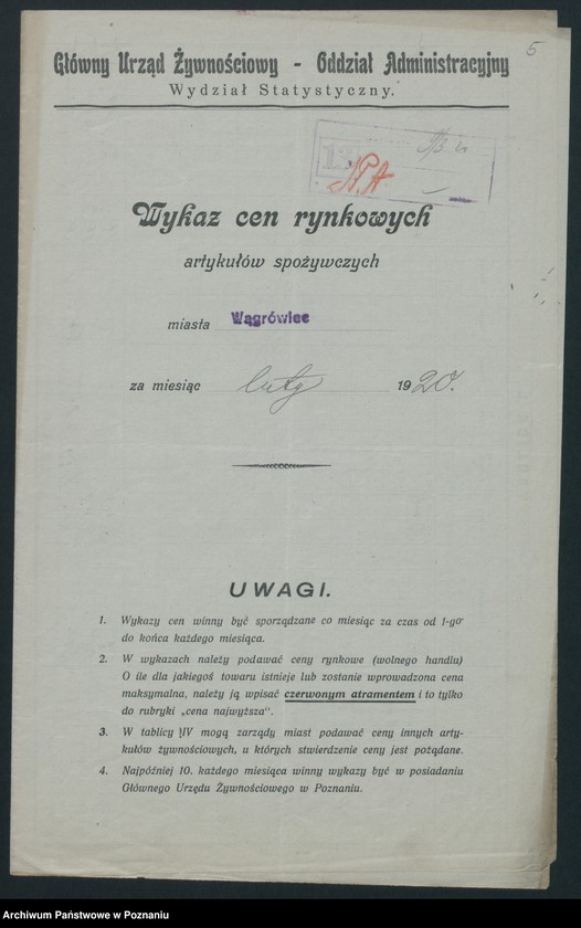 Obraz 7 z jednostki "[Wykaz cen rynkowych artykułów spożywczych w poszczególnych miastach Województwa Poznańskiego za miesiąc luty 1920]"