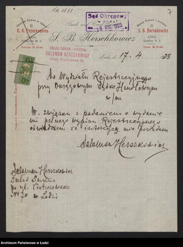 Obraz 9 z jednostki "Salomon Herschkowicz- skład sukna i kortów"