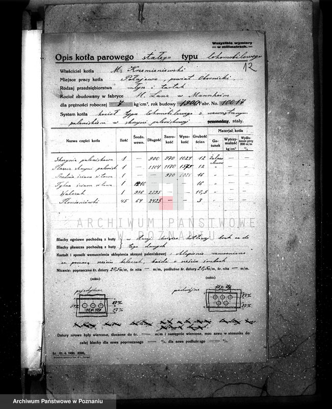 Obraz 16 z jednostki "M. Krzemieniewski w Połajewie pow. czarnkowski Młyn i piła - kocioł nr 10017 fabryczny kocioł nr 138 woj."