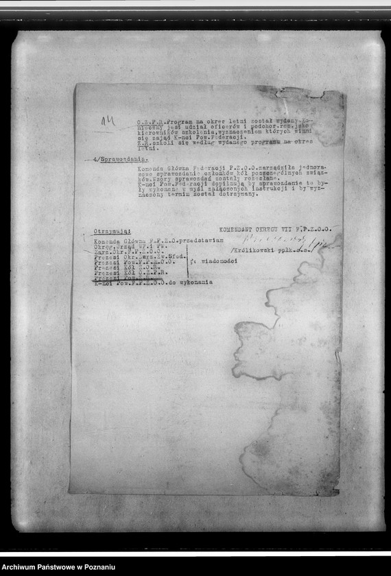 Obraz 18 z jednostki "Rozkazy, okólniki, komunikaty Federacji Polskich Związków Obrońców Ojczyzny Zarządu Grodzkiego oraz sprawozdanie z działalności gospody i świetlic-ewidencja kół kombatanckich należących do Federacji Zarządu Grodzkiego"