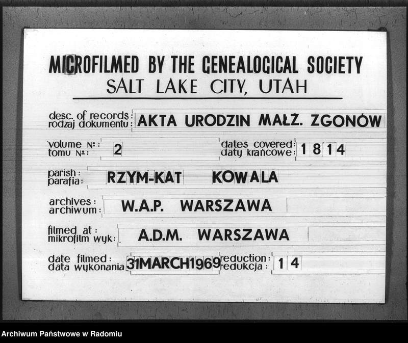 image.from.unit.number "Akta Stanu cywilnego Parafij Kowala Stępocina Zameijscia, Urodzenia i Zeyścia na rok 1814 Zdziałano i Parafowano"