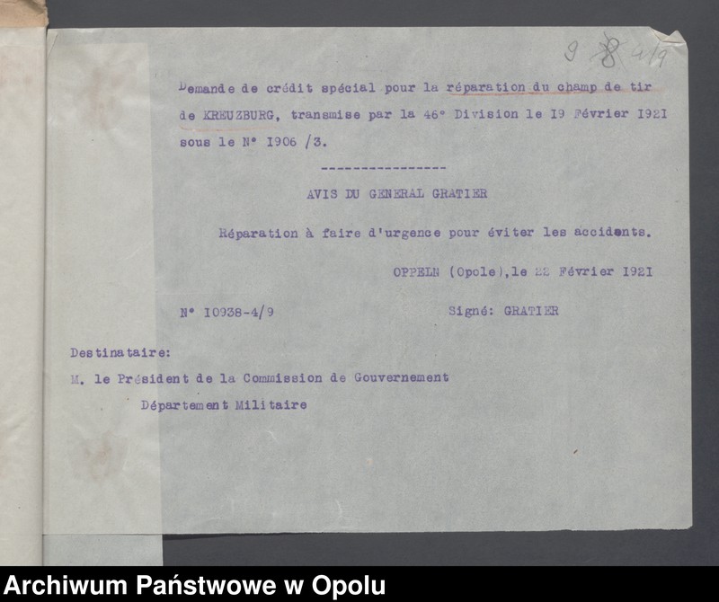 Obraz 11 z jednostki "Service du Genie-Casenement-Cantonnement  /Korespondencja i zarządzenia z zakresu rozlokowania wojska, przydziały koszar/ 4.02.- 10.09.1921"