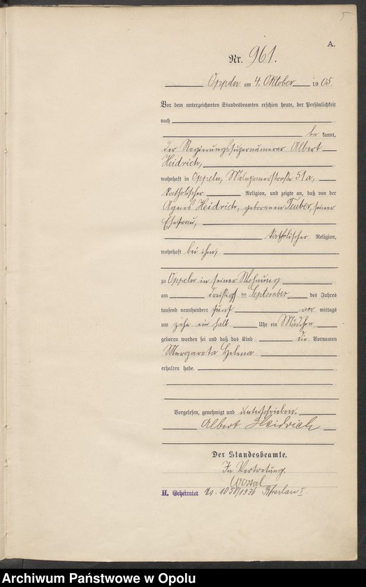 Obraz 9 z jednostki "Urząd Stanu Cywilnego w Opolu 1905 Rejestr Urodzeń miejscowa Nr 958 do 1287"