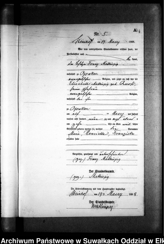 image.from.unit.number "Geburts-Neben-Register des Preussischen Standes-Amtes Gr. Strengeln Kreis Angerburg"