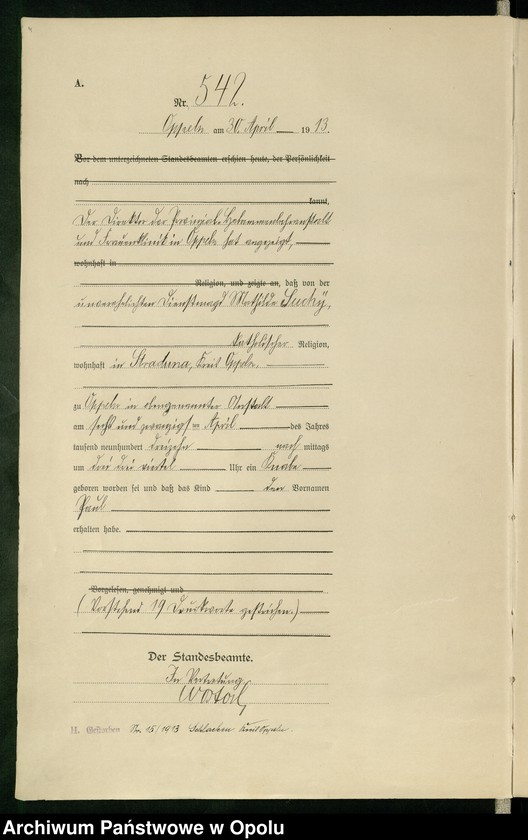 Obraz 8 z jednostki "Urząd Stanu Cywilnego Opole Księga Urodzeń Rok 1913 540-1057"