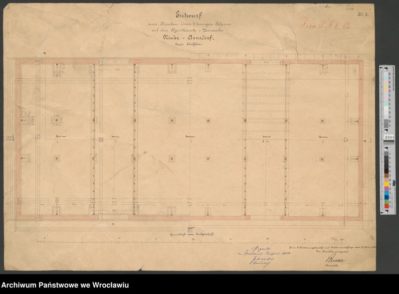 image.from.unit.number "Entwurf zum Neubau einer 2 tenniger Scheune auf dem Chariteamts Vorwerke Nieder Arnsdorf Kreis Strehlen. Blatt 2"