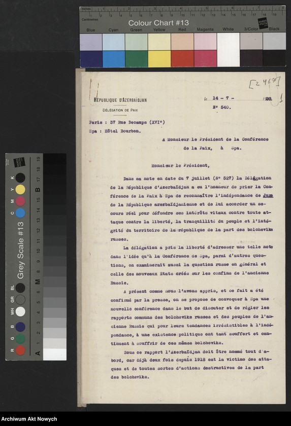 image.from.unit.number "Pismo Delegacji Azerbejdżanu do Przewodniczącego Konferencji w Spaa, dotyczące zaproszenia delegacji na projektowaną Konferencję Londyńską"