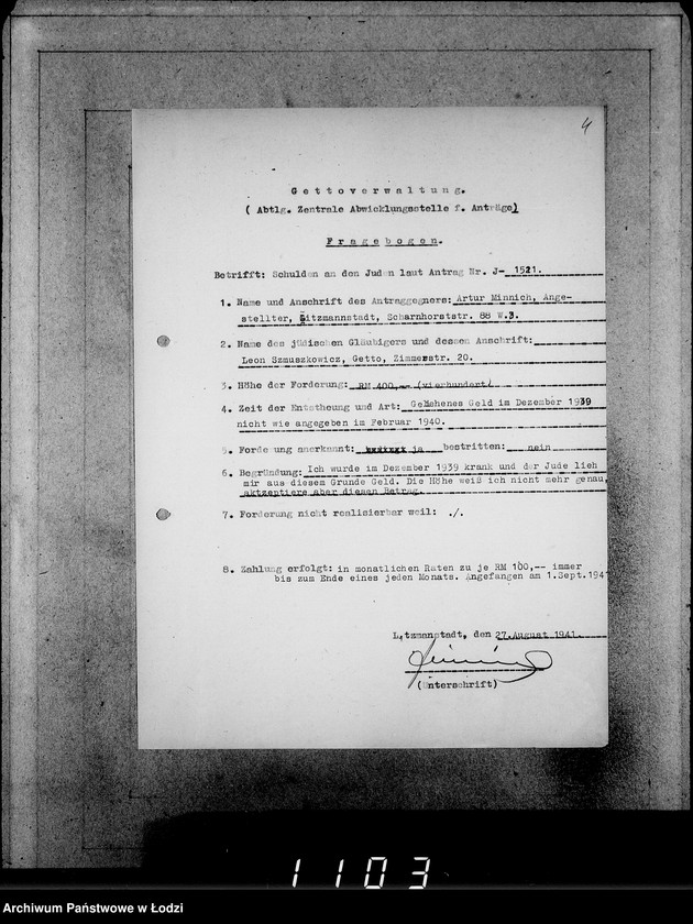 Obraz 8 z jednostki "J.1521-1540 [Wnioski Żydów z Getta o zwrot należności za towar wzięty na kredyt]"
