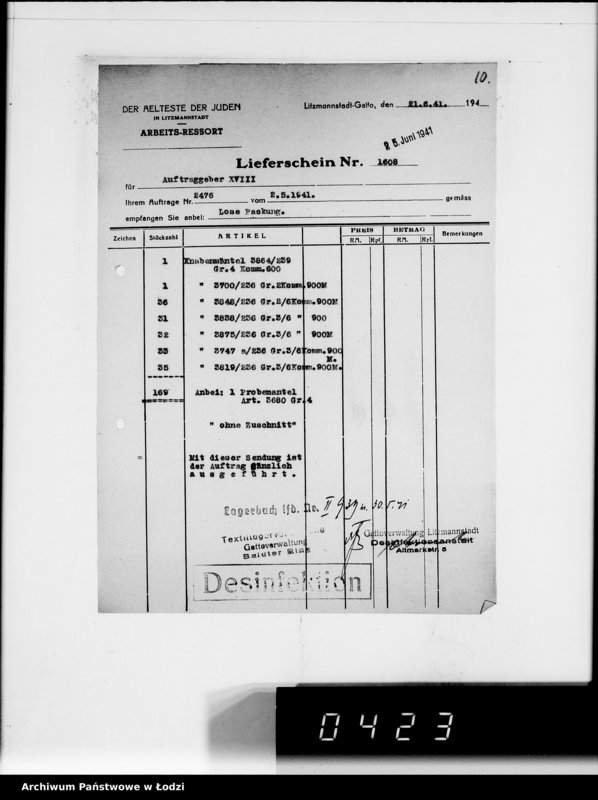 Obraz 14 z jednostki "[Dowody dostawy odzieży dla firmy dla Asmann u.Co.Berlin"