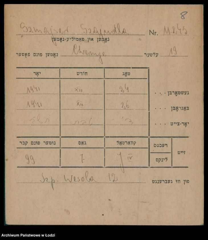 Obraz 9 z jednostki "Kartoteka osób pochowanych na cmentarzu żydowskim przy ulicy Brackiej w latach 1892-1957. Nazwiska na litery: Szn-Szt"