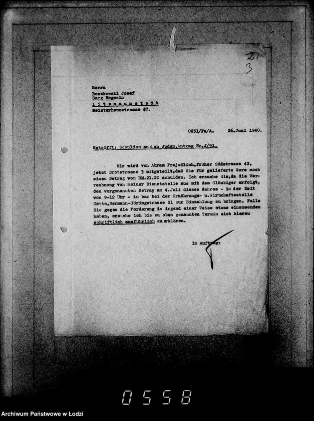 Obraz 7 z jednostki "J-91-105 [Wnioski Żydów w Getcie o zwrot długów za wzięty na kredyt towar przez kupujących]"