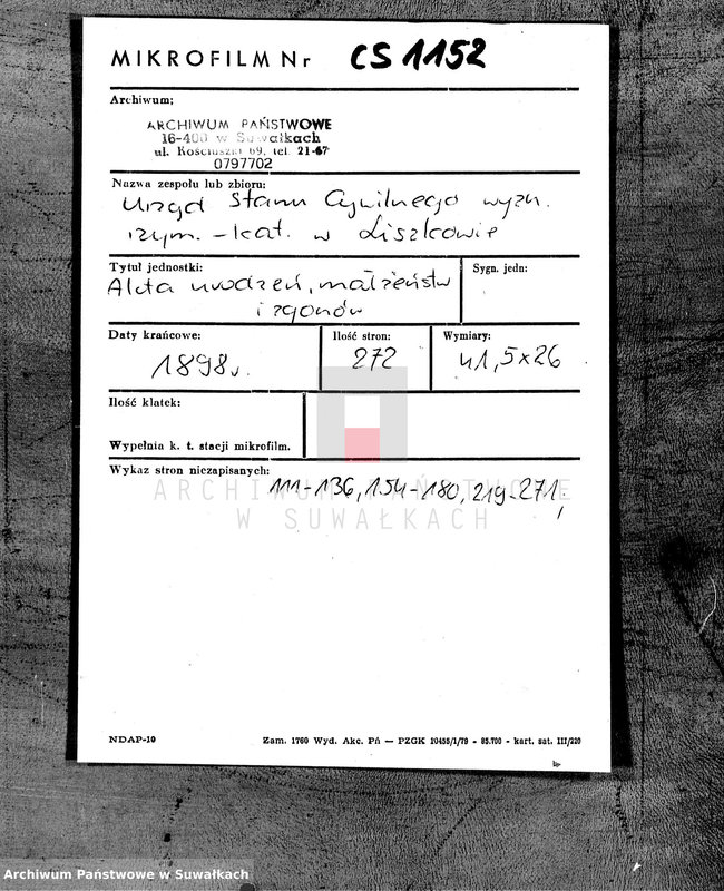 Obraz 2 z jednostki "Duplikat Aktov graždnskago sostojanija rodivšichsja brakosočetavšichsja i umeršich Liškovskago Rimsko- Katoličeskago Prichoda Sejnskago Okruga za 1898 god"