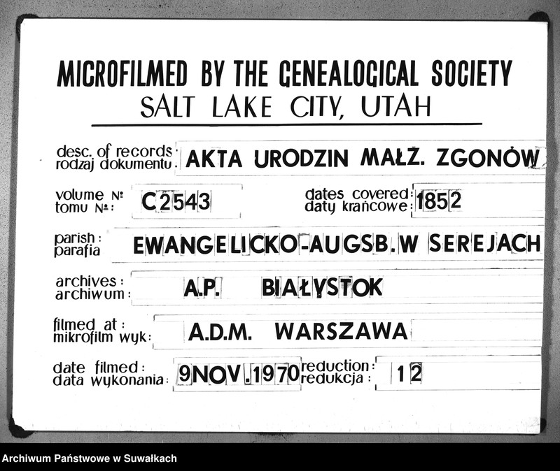 image.from.unit.number "Duplikat Aktów Stanu Cywilnego Urodziń, Małżeństw i Zejść Parafii Ewangelicko-Reformowanej Serejskiej na rok 1852"