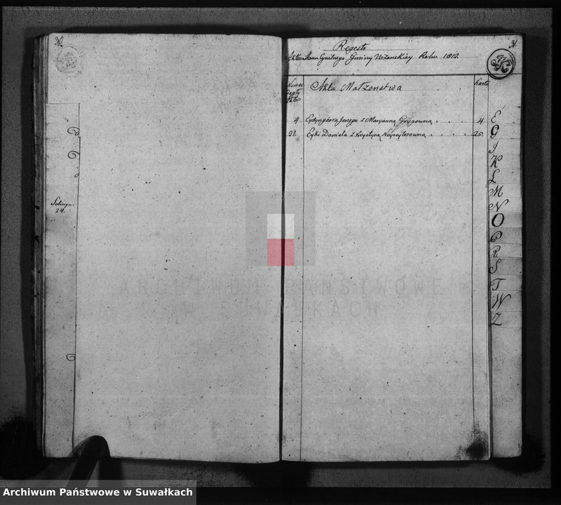 image.from.unit.number "Księga do zapisywania aktów cywilnych małżeństwa gminy wiżajńskiey, departamentu łomżyńskiego, powiatu kalwaryjskiego"
