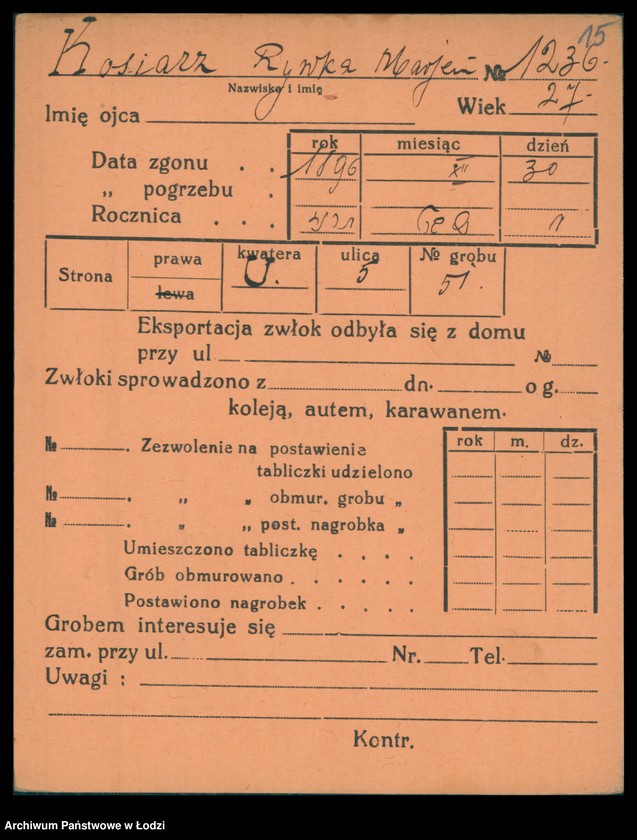 Obraz 16 z jednostki "Kartoteka osób pochowanych na cmentarzu żydowskim przy ulicy Brackiej w latach 1892-1959. Nazwiska na litery: Kos-Kra"