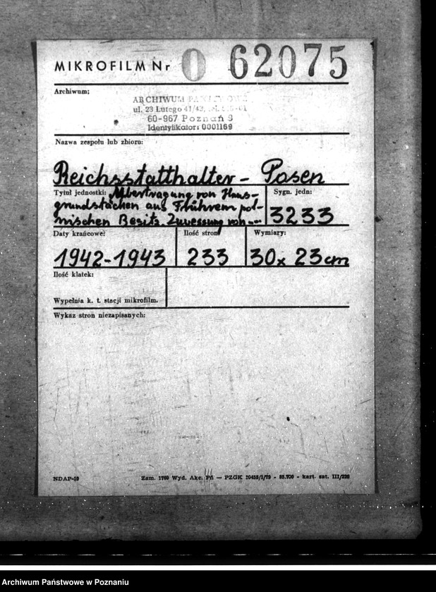 Obraz 2 z jednostki "Übertragung von Hausgrundstücken aus früherem polnischen Besitz. Zuweisung von Dienstwohnungen usw."