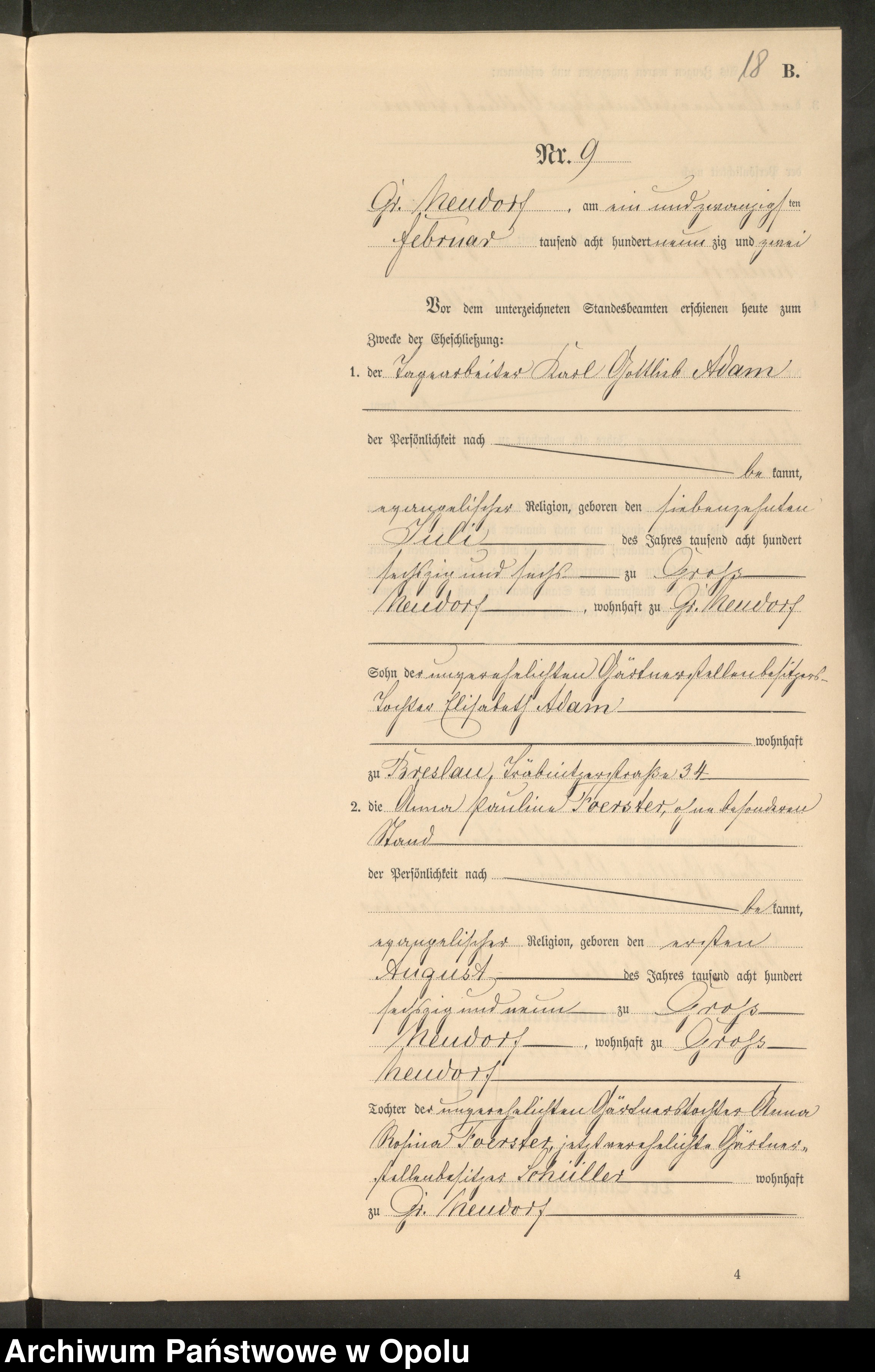 Skan z jednostki: Heiraths-Neben-Register Standes-Amt Gross Neudorf 1892