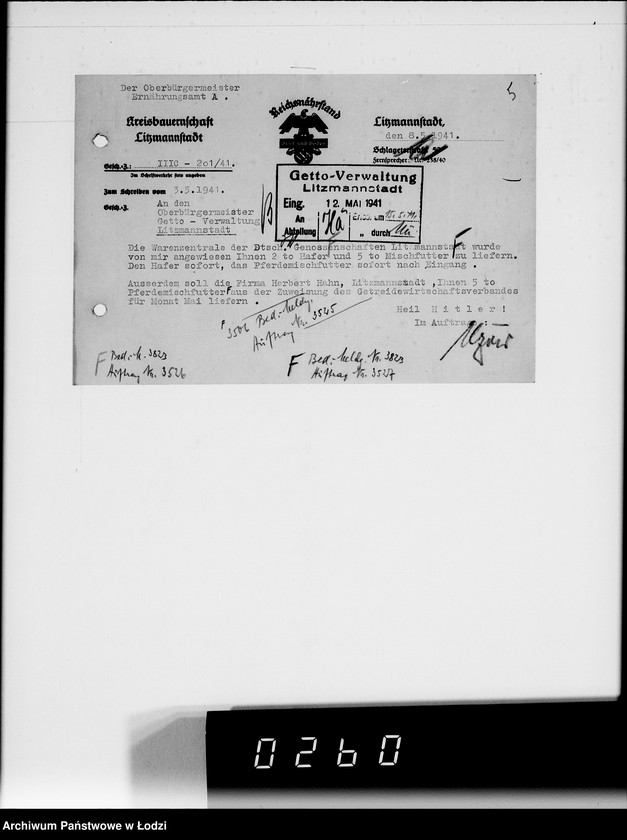 Obraz 9 z jednostki "Zuteilung von Futtermittel für die im Getto befindlichen Pferde."