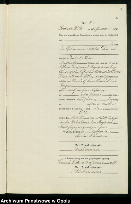 Obraz 9 z jednostki "Geburts-Neben-Register des Standesamts Deutsch Wette pro 1907"