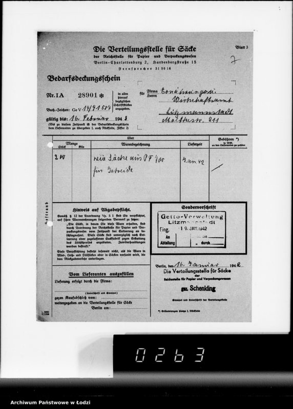 Obraz 11 z jednostki "Jute-Leinen Säcke [Dostawa do Getta]"