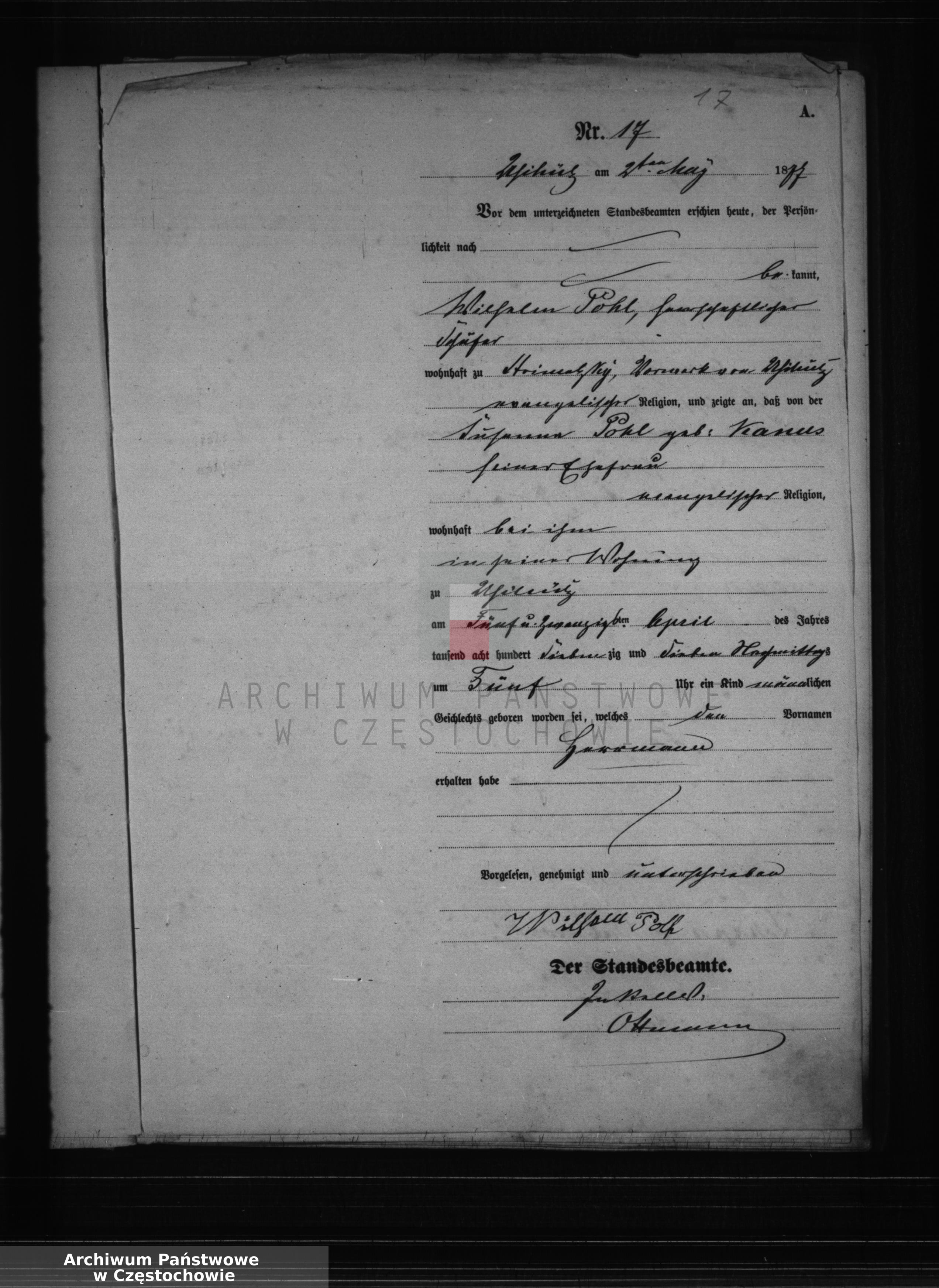 Skan z jednostki: Geburts - Haupt Register des Königlich Preussischen Standesamts Uschütz im Kreise Rosenberg O/S. pro 1877.