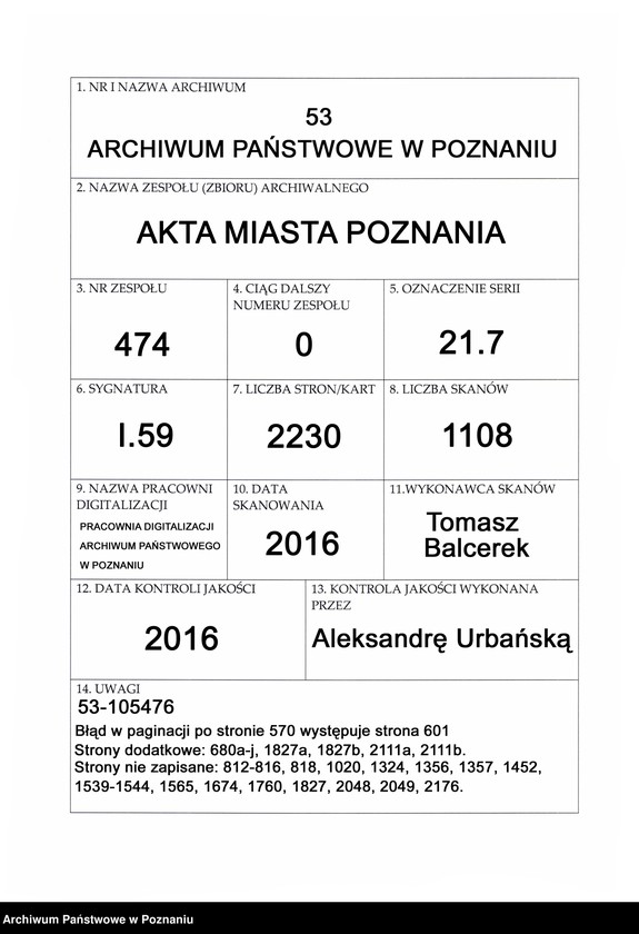 Obraz 1 z jednostki "Protocolon actorum officii consularis Posnaniensis."