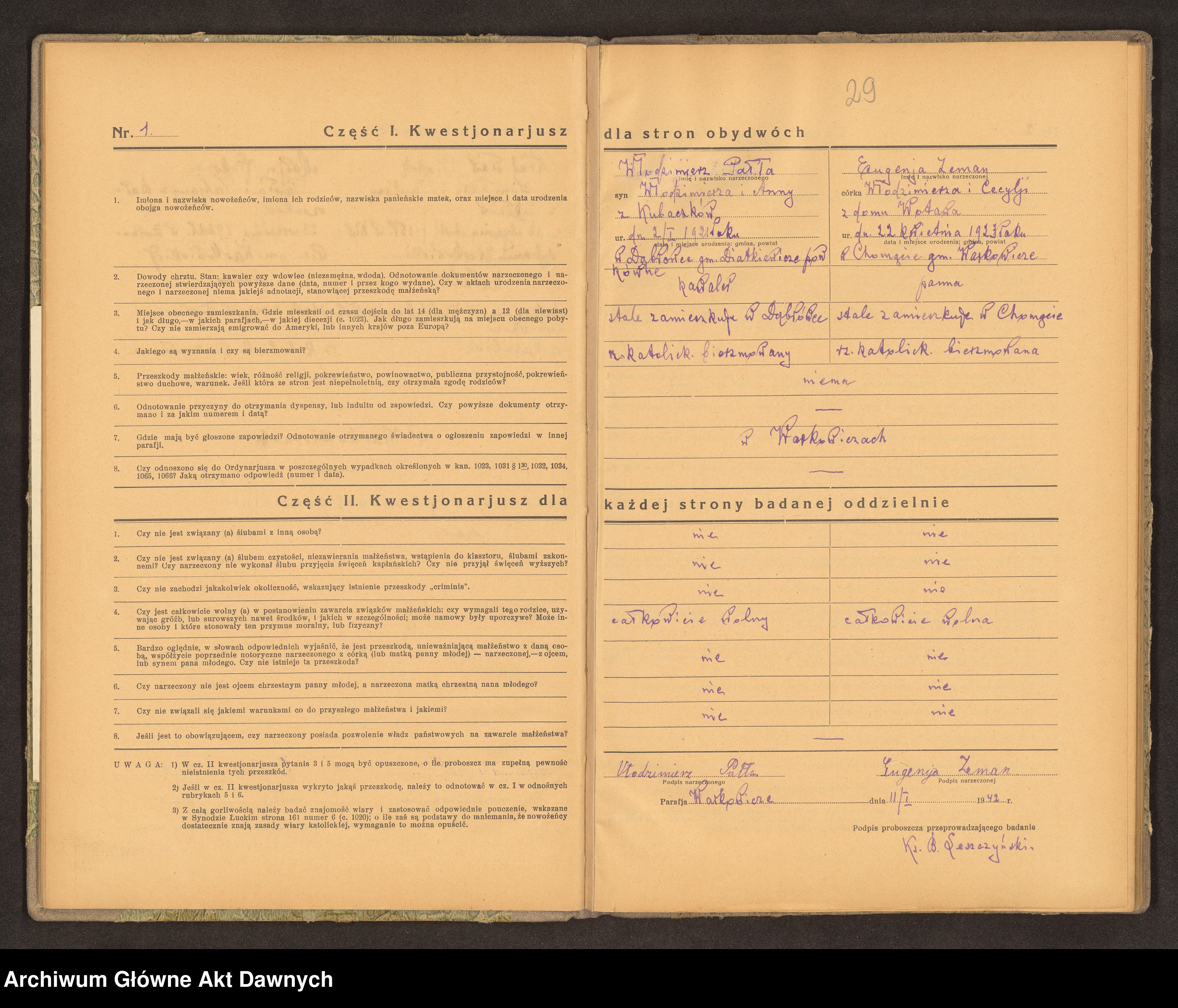 Skan z jednostki: Parafia: Warkowicze. Dekanat: Dubno. Księga egzaminów przedślubnych złożonych w parafii.