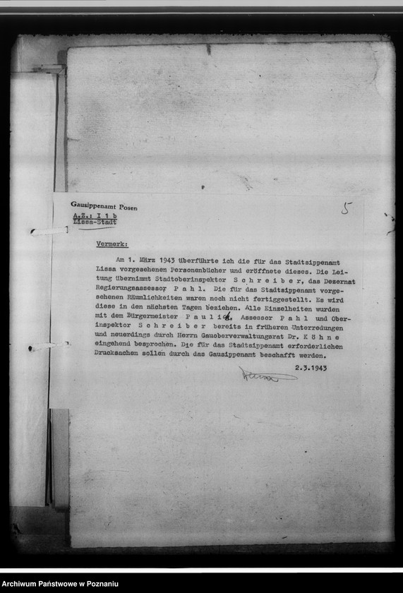 Obraz 9 z jednostki "[Sprawy związane z organizacja i działalnością Miejskiego Urzędu do Spraw Genealogicznych w Lesznie]"