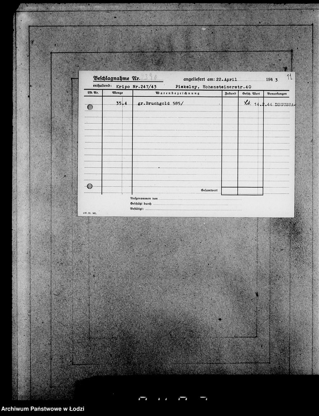 Obraz 15 z jednostki "Kripo 2201-2400 [Kartoteka skonfiskowanego majątku ruchomego u Żydów]"
