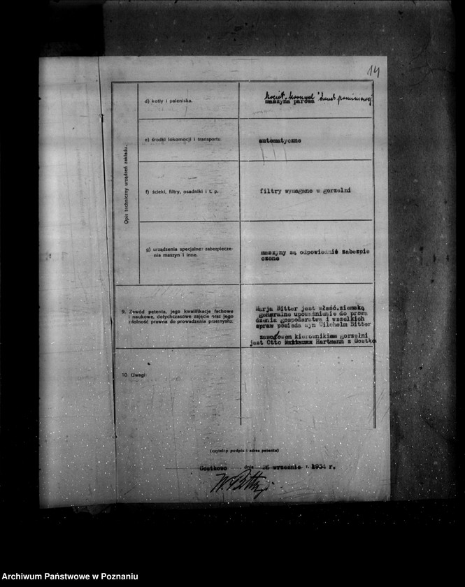 image.from.unit.number "Zatwierdzenie zakładu przemysłowego /gorzelni/ w maj. Gostkowo własność W. Bitter"