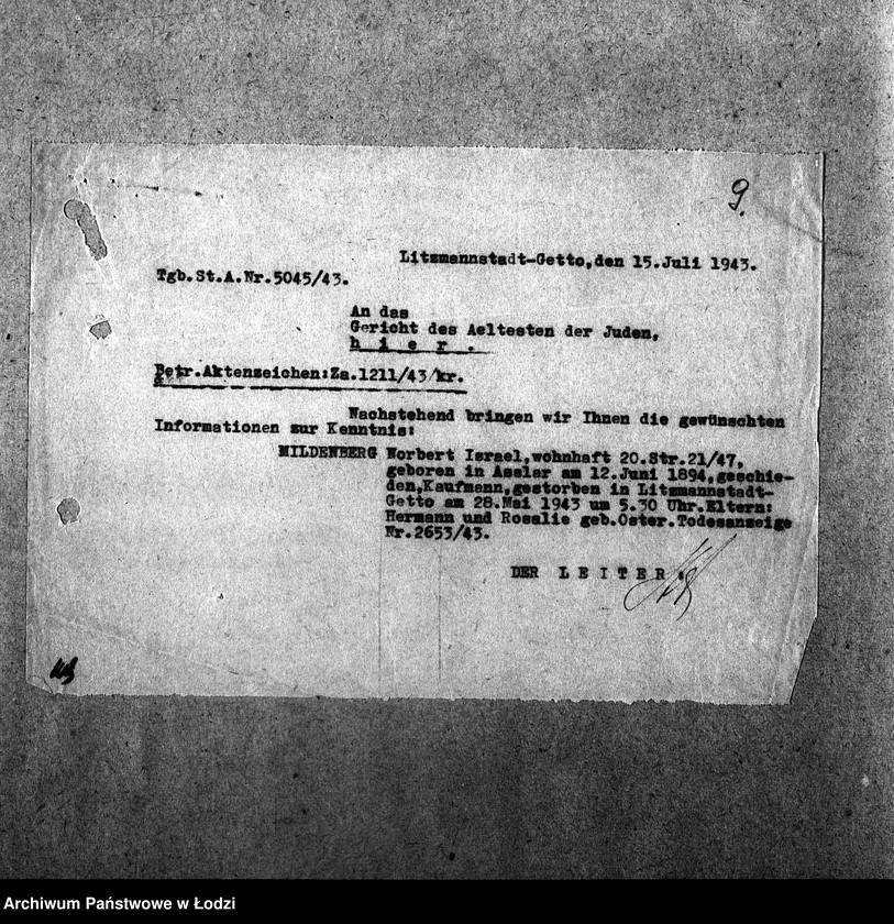 Obraz 12 z jednostki "[Korespondencja z Sądem w sprawach danych personalnych ludności getta (zmarłej)]"