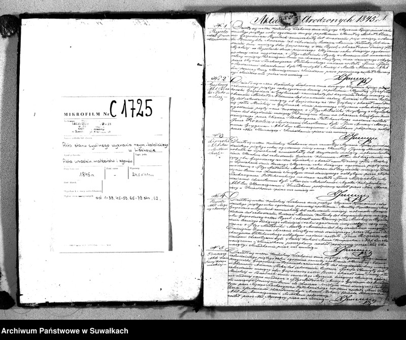 image.from.unit.number "Księga Duplikat Aktów Urodzenia, Zaślubienia i Zeyscia Parafii Liszkowskiey za rok 1845"