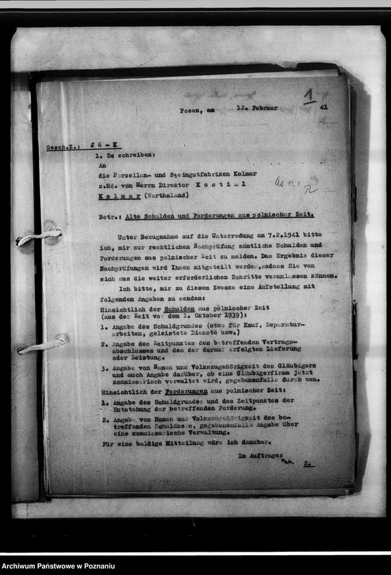 Obraz 5 z jednostki "Alte Schulden und Forderungen aus polnischer Zeit - Kolmar [fabryka porcelany]."