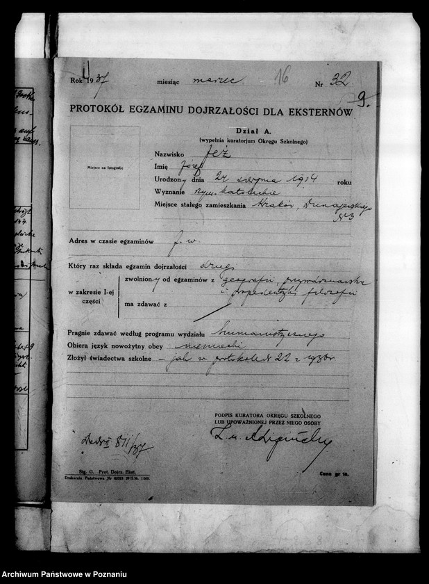 Obraz 19 z jednostki "[Gimnazjum Marii Magdaleny w Poznaniu protokoły z egzaminu dojrzałości eksternów]"