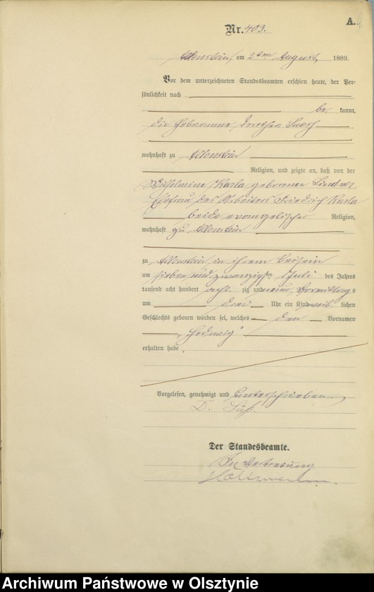 image.from.unit.number "Geburts-Haupt-Register Tom II,Nr 401 - 727"