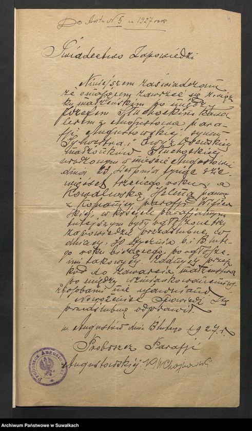Obraz 6 z jednostki "Aneksa Aktów Ślubnych Rz-Katolickiej par. Wigierskiej za 1927 rok"