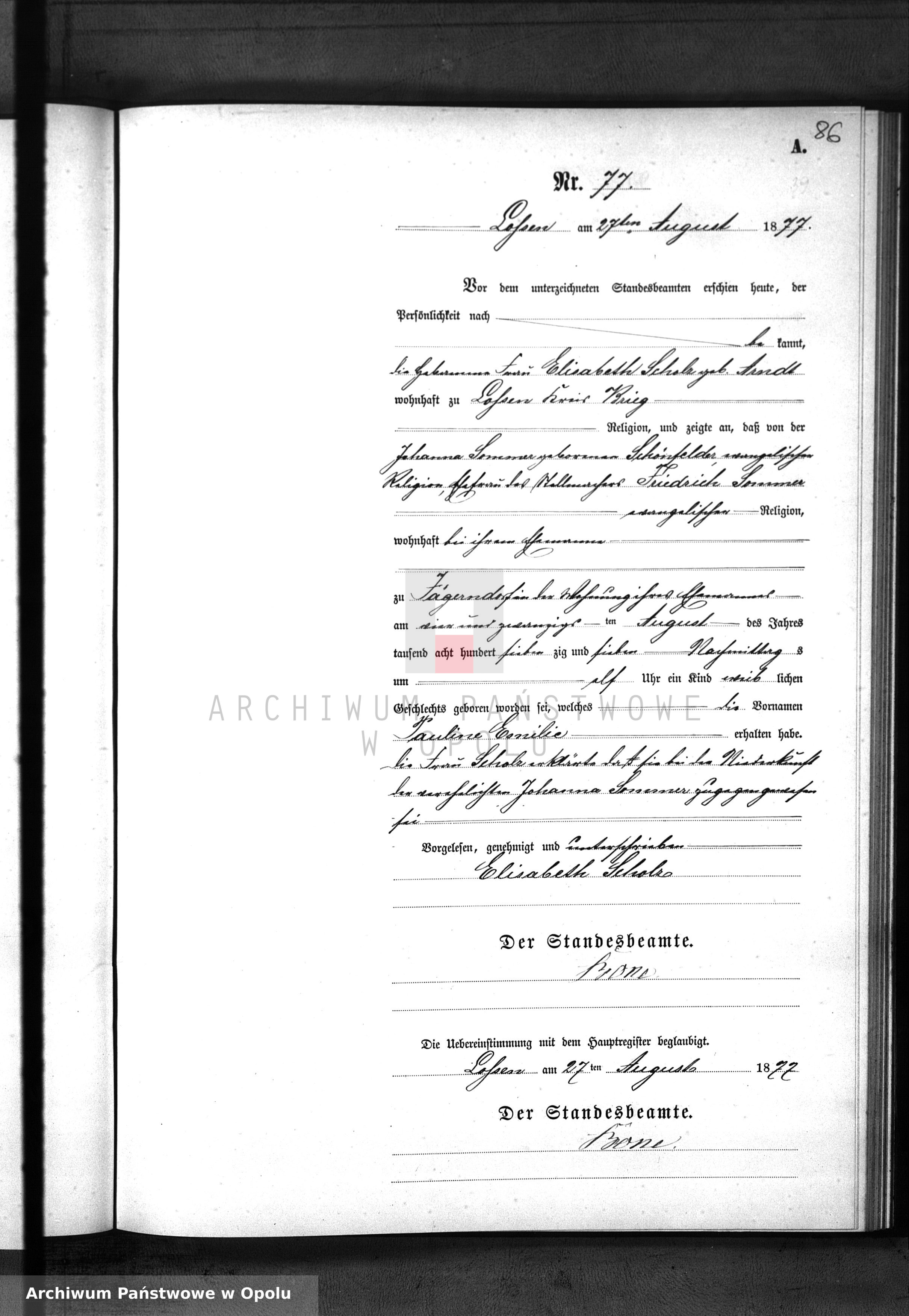 Skan z jednostki: Geburts-Neben-Register Standes Amt Lossen 1877