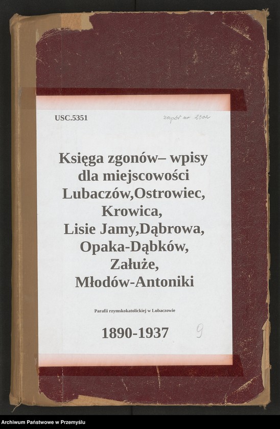 image.from.unit.number "Księga zgonów - wpisy dla miejscowości Lubaczów, Ostrowiec, Krowica, Lisie Jamy, Dąbrowa, Opaka, Dąbków, Załuże, Młodów-Antoniki - odpis"
