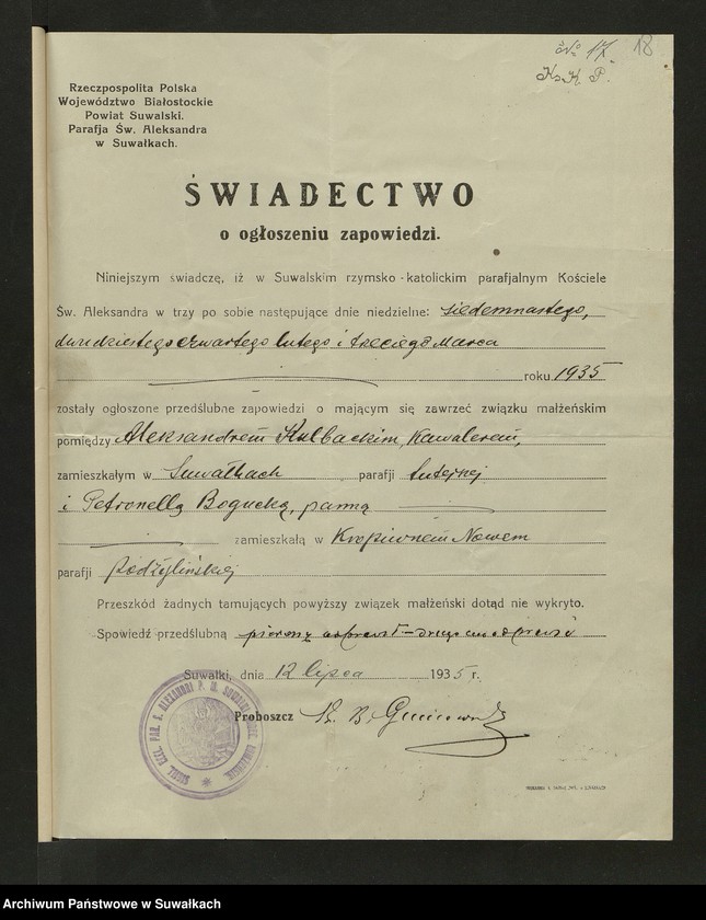 image.from.unit.number "Aneksa [do akt małżeństw] parafji Podżylińskiej za rok 1935"