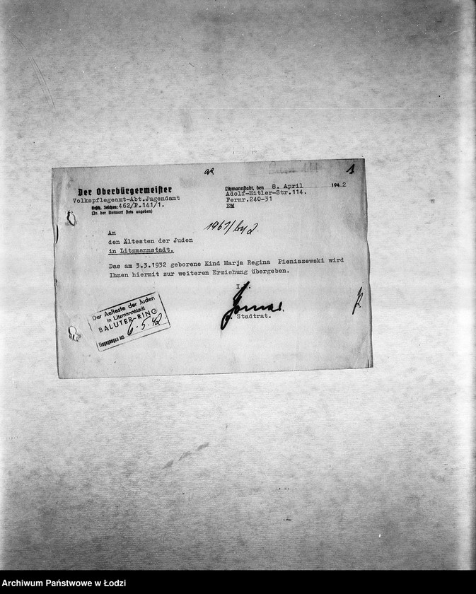 Obraz 4 z jednostki "[Korespondencja PSŻ w sprawie ruchu ludności getta, indywidualnych przesiedleń, przekazywania dzieci do getta itp.]"