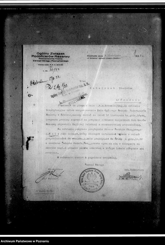 Obraz 5 z jednostki "Korespondencja Związku- Koło w Środzie dotycząca ewidencji członków, zaproszenia, komunikaty zawiadamiające o zebraniach, poświadczenia o przynależności. Karty przedstawionych do odznaczeń"