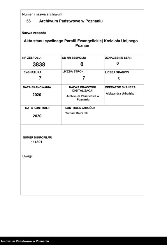 Obraz 1 z jednostki "Duplikat der Getrauten, Getauften, Verstorbenen"