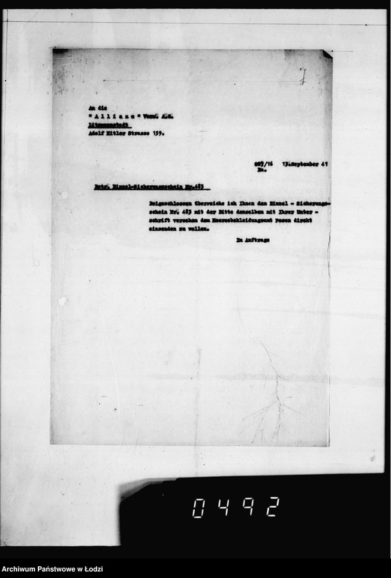 Obraz 11 z jednostki "Versicherungsakten Gesel[l]schaft [Korespondencja i polisy ubezpieczeniowe budynków i magazynów z żywnością, odzieżą, surowcami do produkcji w Getcie Łódzkim]"