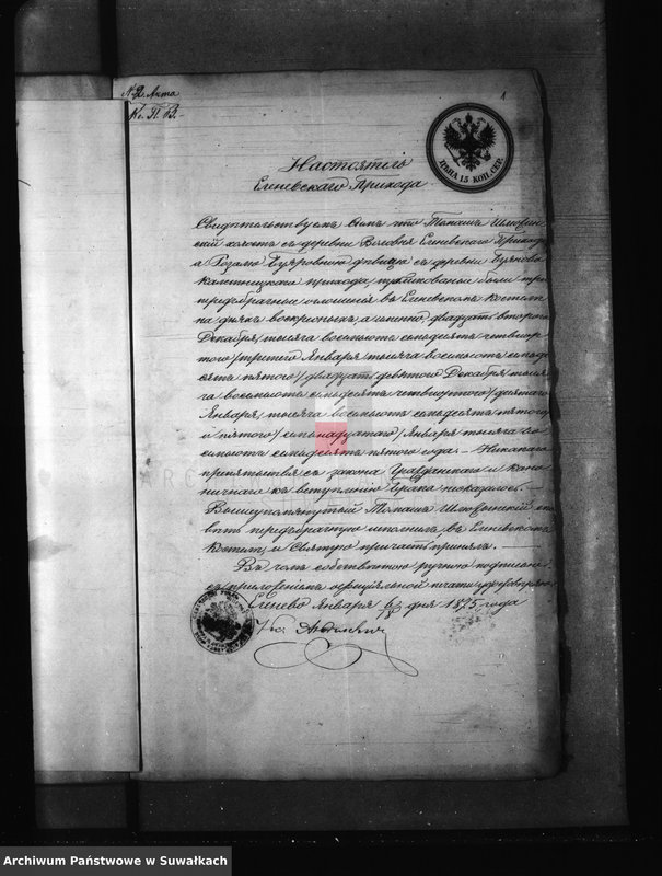 image.from.unit.number "Dokumenty k knigam Brakosočetanija Prichoda Kaletnik za 1875 god"