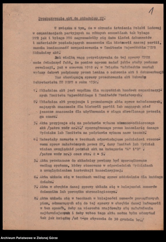 Obraz 3 z jednostki "Archiwum KW - protokóły zdawczo-odbiorcze przekazywanych i wypożyczonych materiałów archiwalnych, sztandarów partyjnych i różnych pamiątek działaczy"