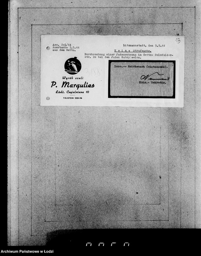 Obraz 17 z jednostki "Kripo 3000-3200 [Kartoteka skonfiskowanego majątku ruchomego u Żydów]"