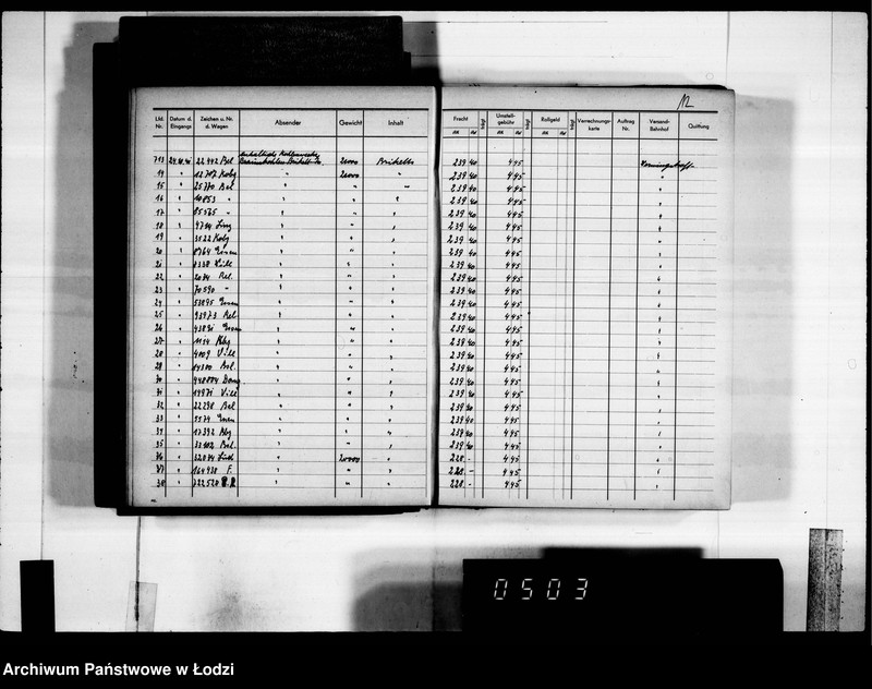 Obraz 16 z jednostki "Frachten Eingang [rejestr listów przewozowych]"