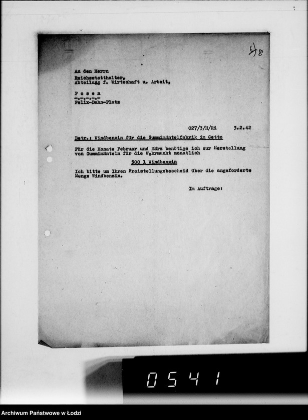 Obraz 13 z jednostki "Spezialbenzin- Kontingent für Gummimäntelfabrikation im Getto"